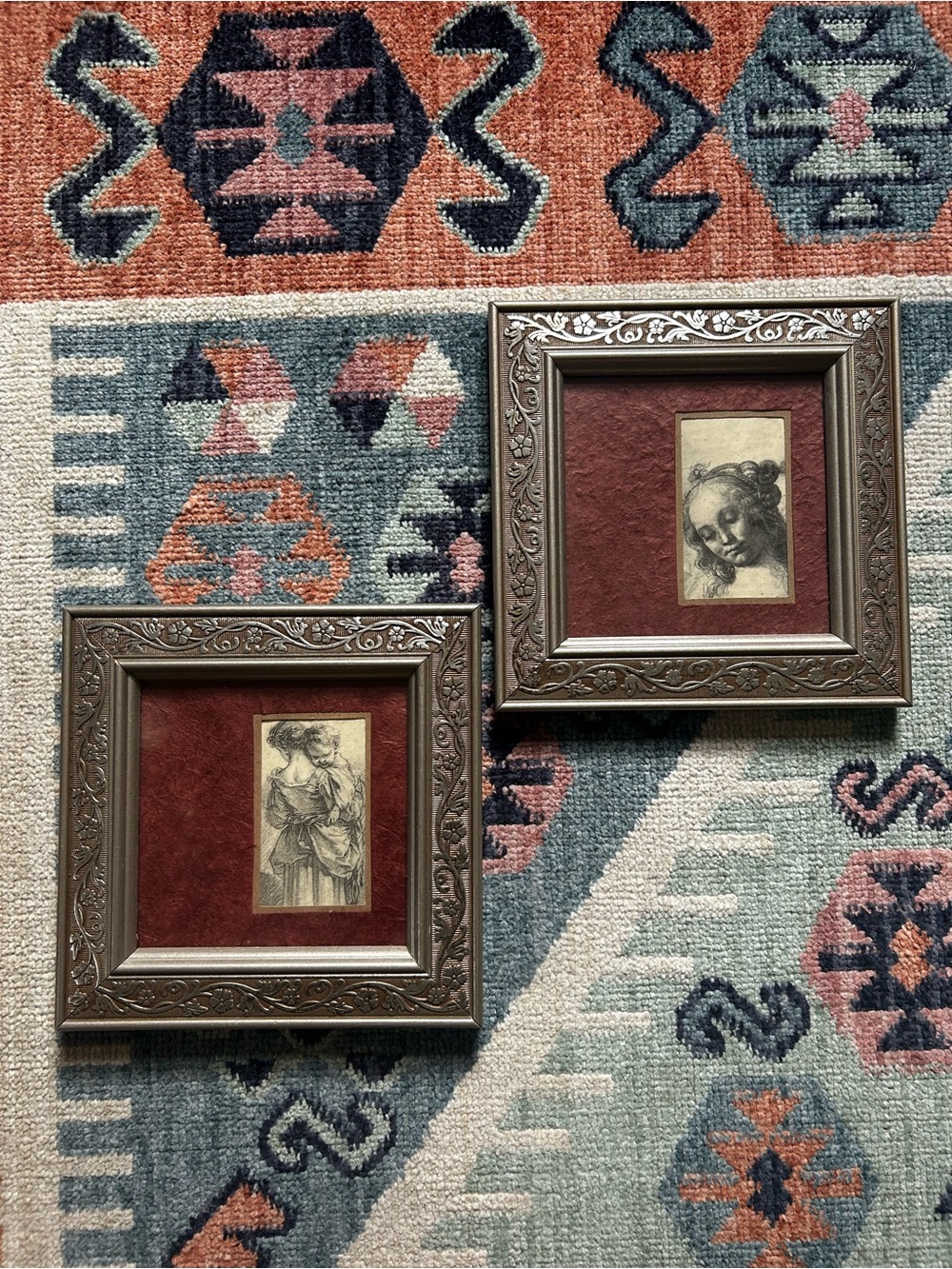 Pair Mini Leonardo Da Vinci And Madonna And Child Prints Silver Frames